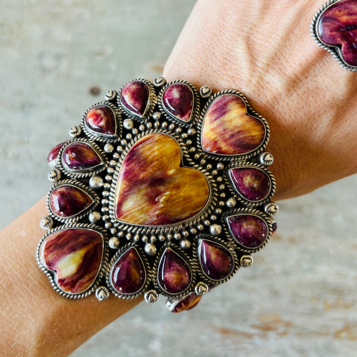 Navajo Tyler Brown Sterling Silver & Purple Spiny Hearts Statement Cuff