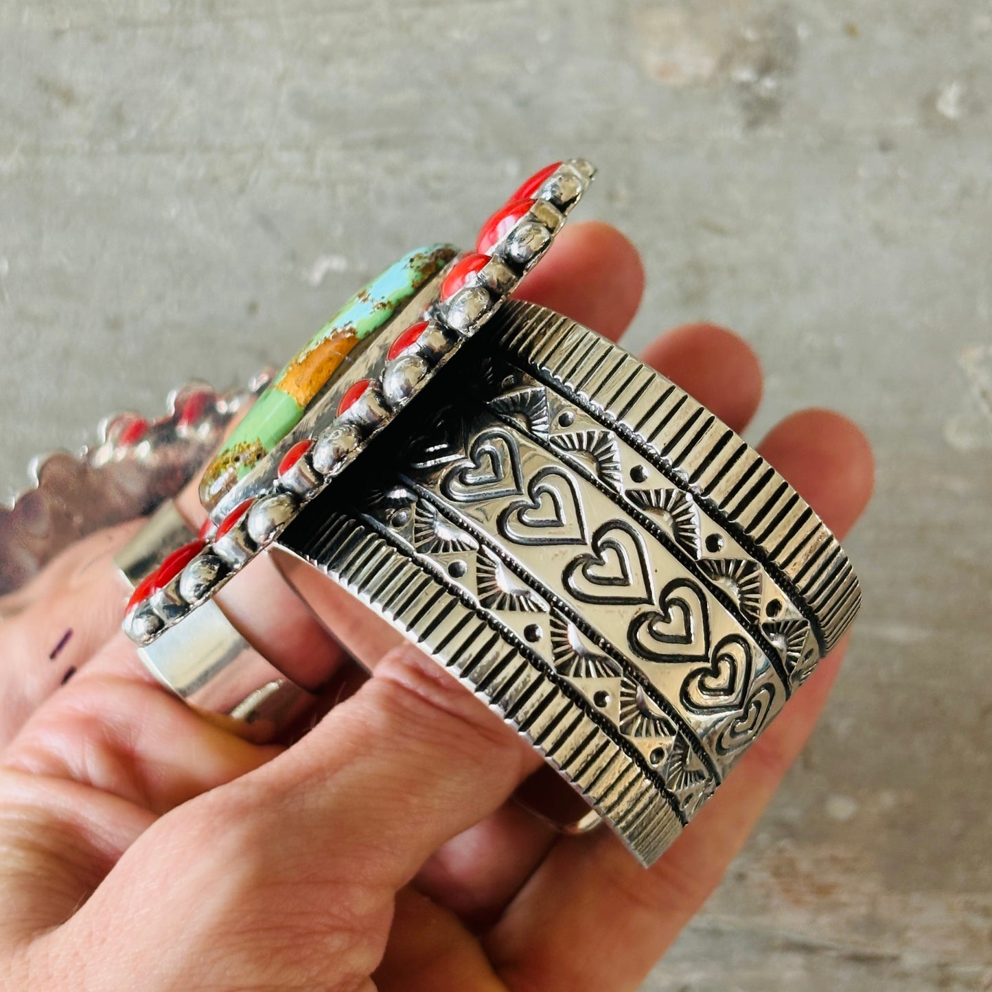 Navajo Hemerson Brown Sterling Silver - Red Coral & Sonoran Turquoise Cluster Hearts Cuff