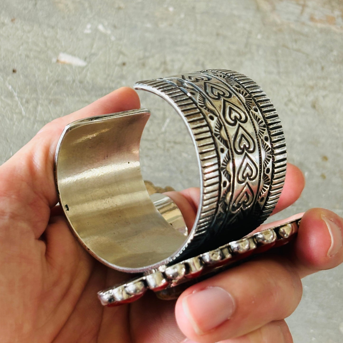 Navajo Hemerson Brown Sterling Silver - Red Coral & Sonoran Turquoise Cluster Hearts Cuff