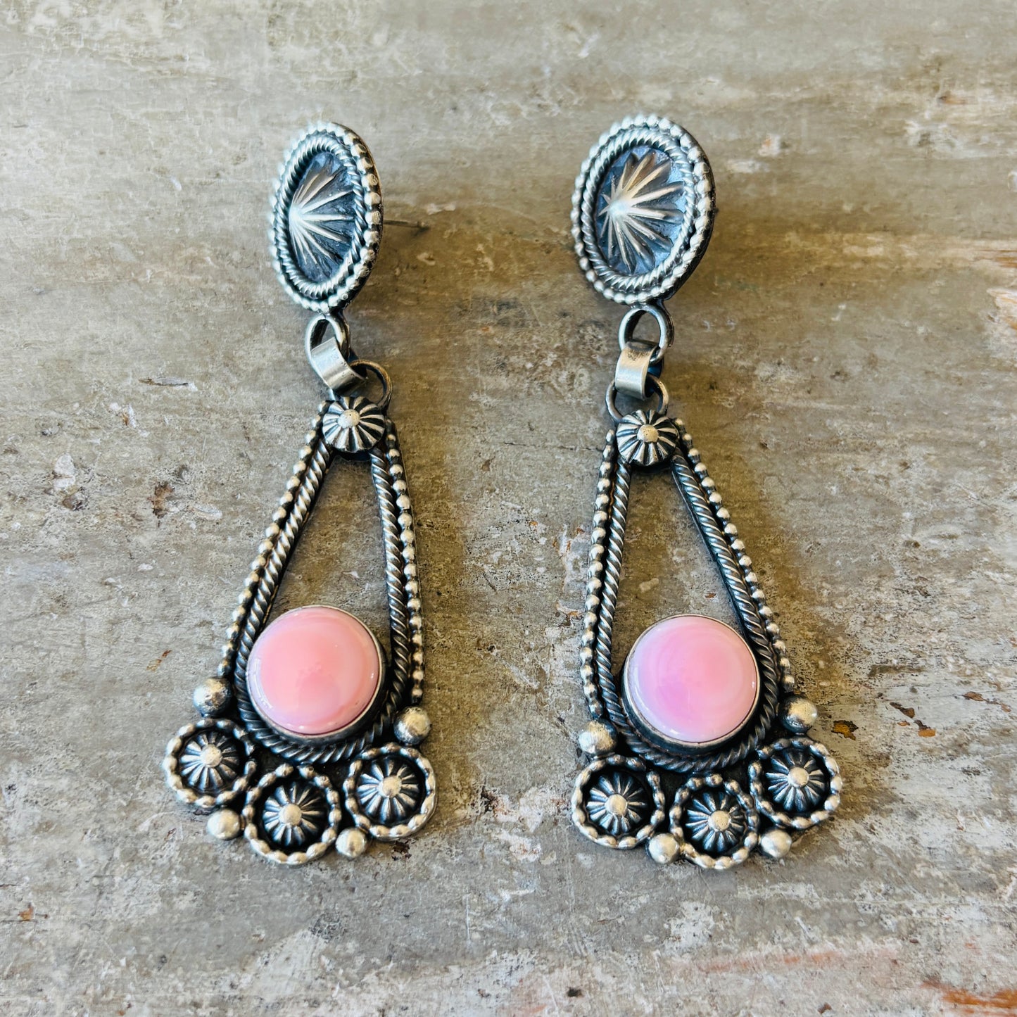 Navajo Hemerson Brown Sterling Silver & Pink Conch Statement Earrings