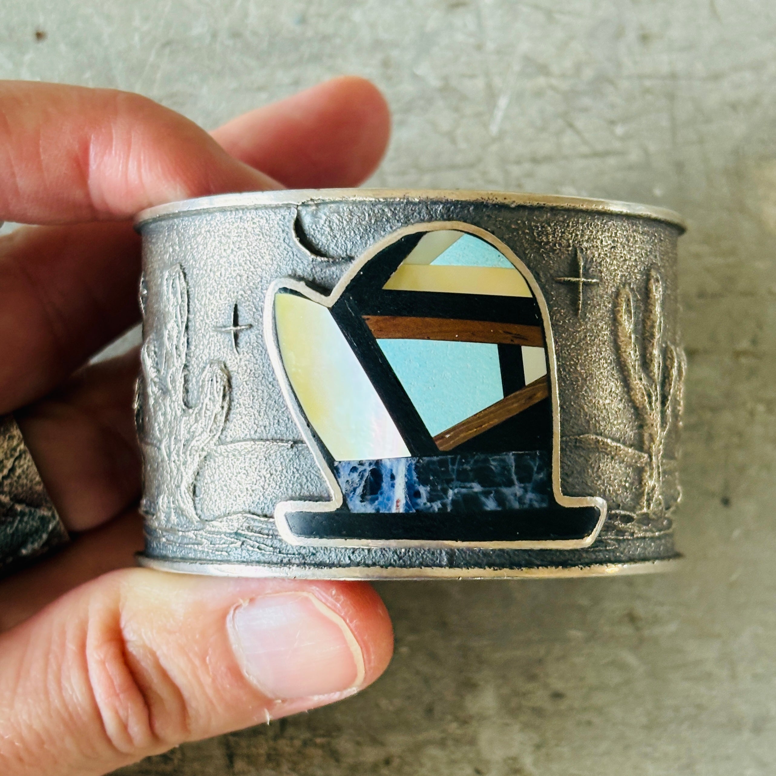 Navajo Monty Claw Sterling Silver Multi Stone Inlay Statement Cuff