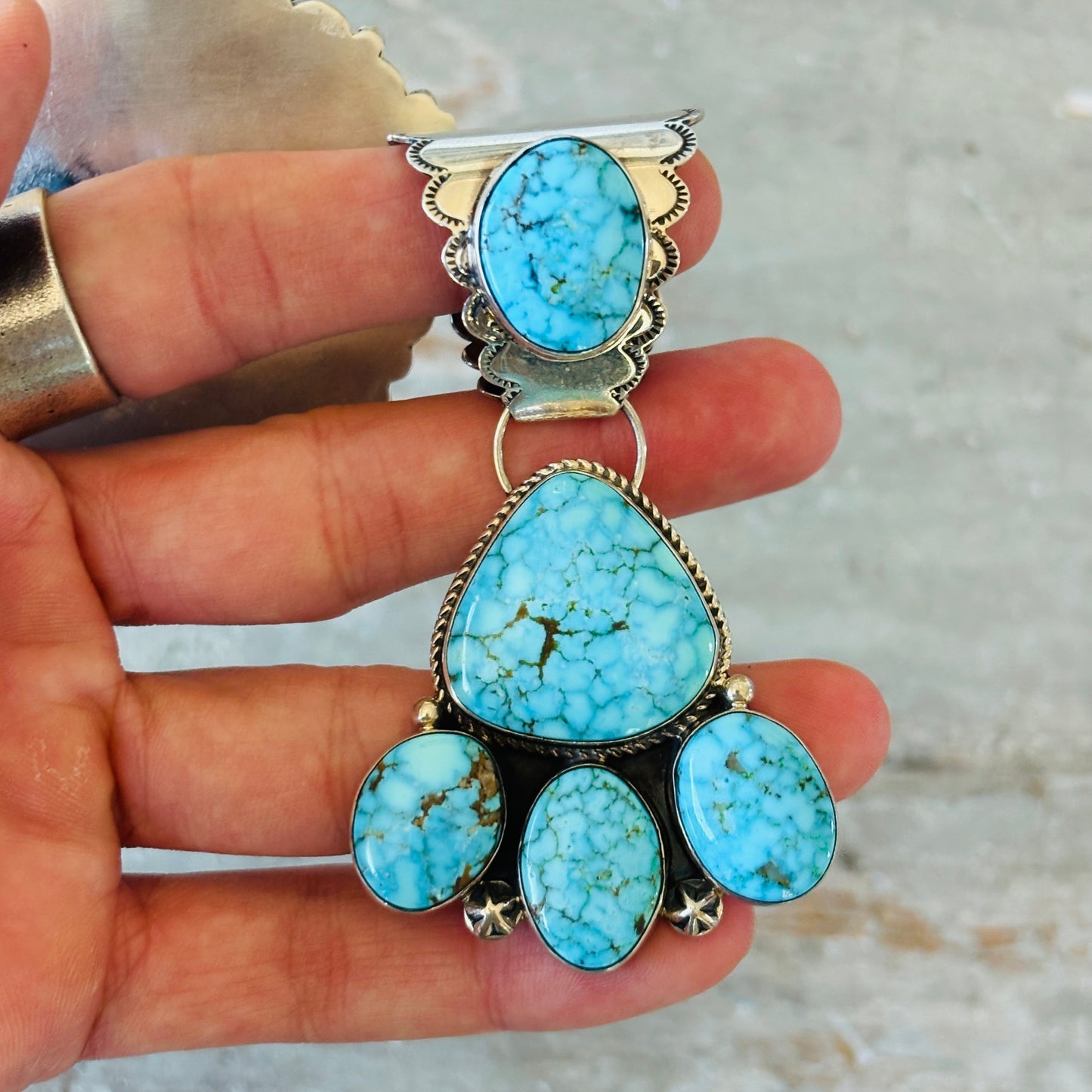 Navajo Signed Sterling Silver & Web Kingman Turquoise Statement Pendant