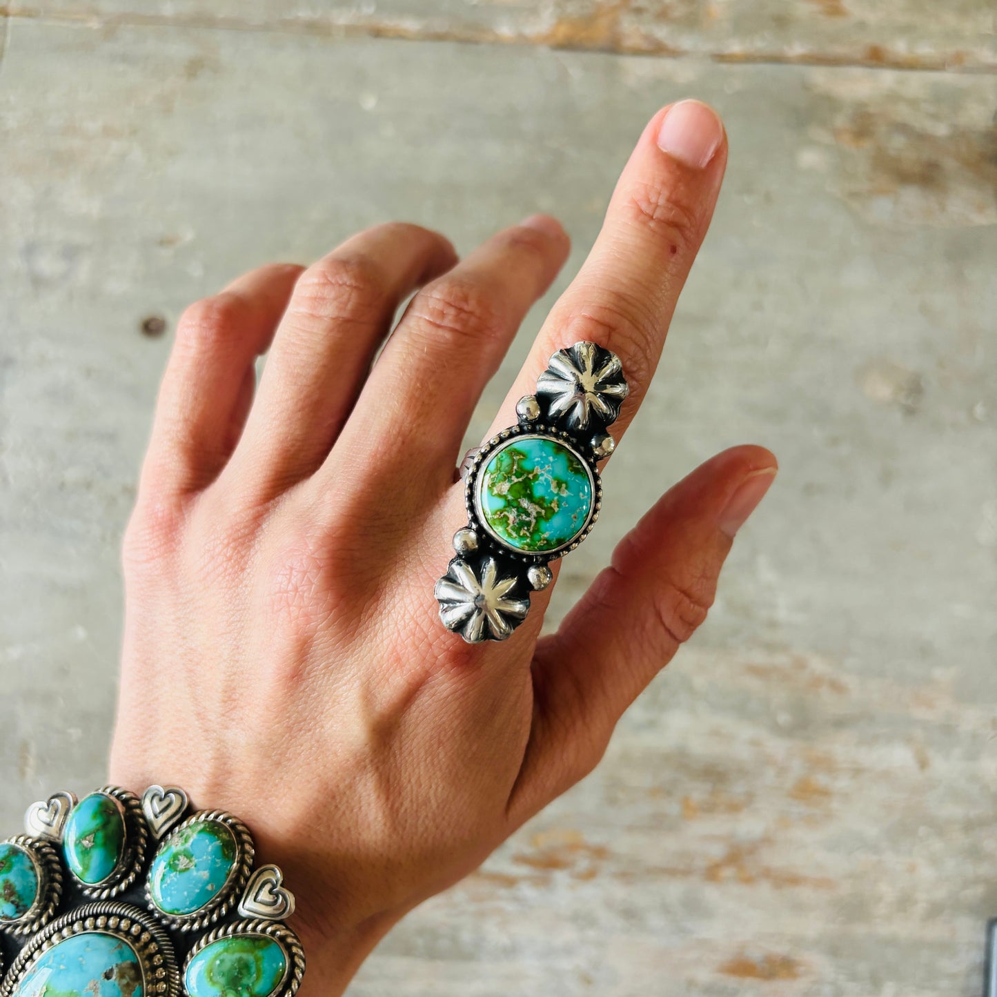 Navajo Mary Ellen Sterling Silver & Sonoran Turquoise Starburst Ring