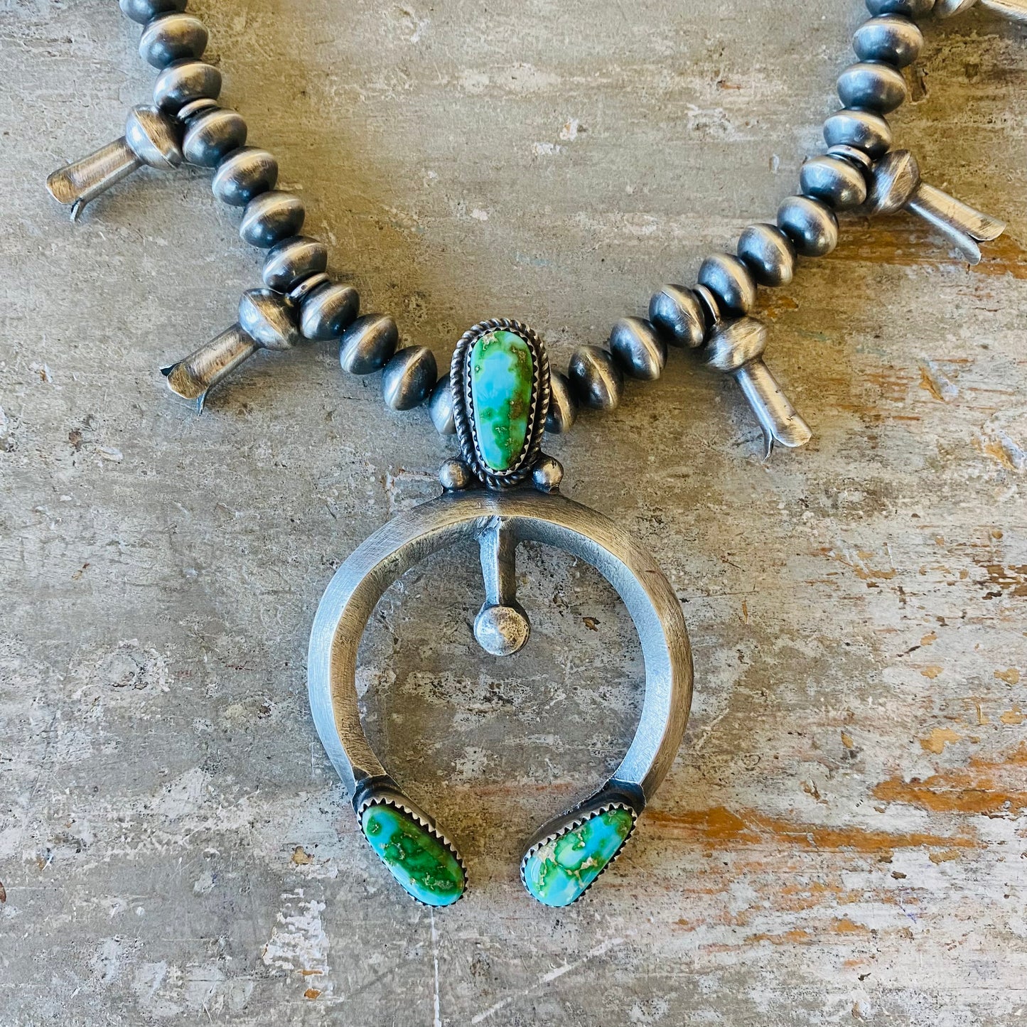 Navajo Preston Hayley Sterling Silver & Sonoran Gold Turquoise Squash Blossom Necklace