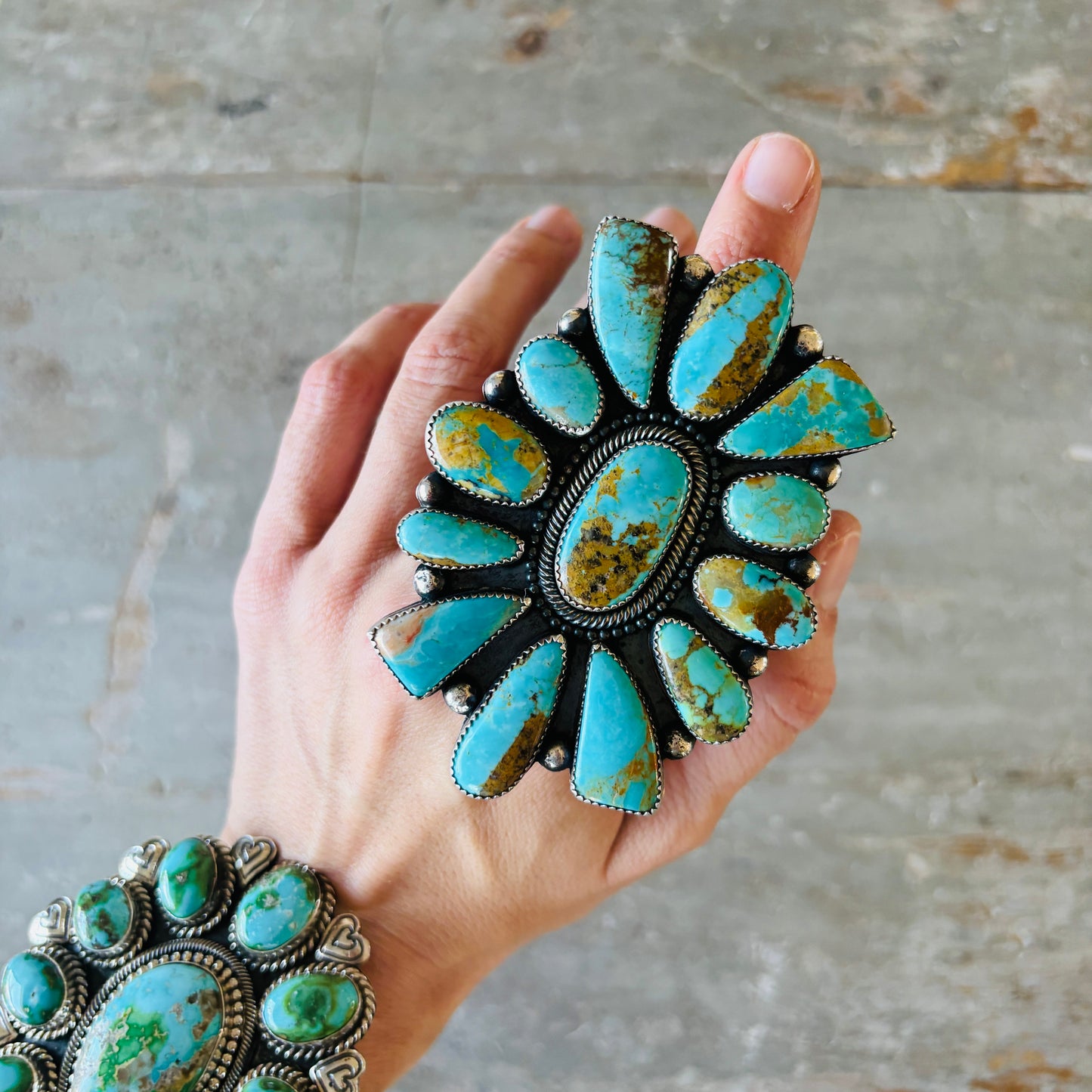 Navajo Brenda Pete Sterling Silver & Mixed Nevada Turquoise Cluster Ring
