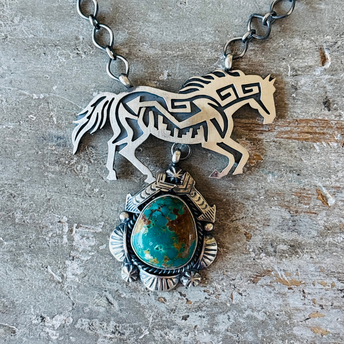 Navajo Juanita McDona Sterling Silver & Royston Turquoise Horse Overlay Necklace