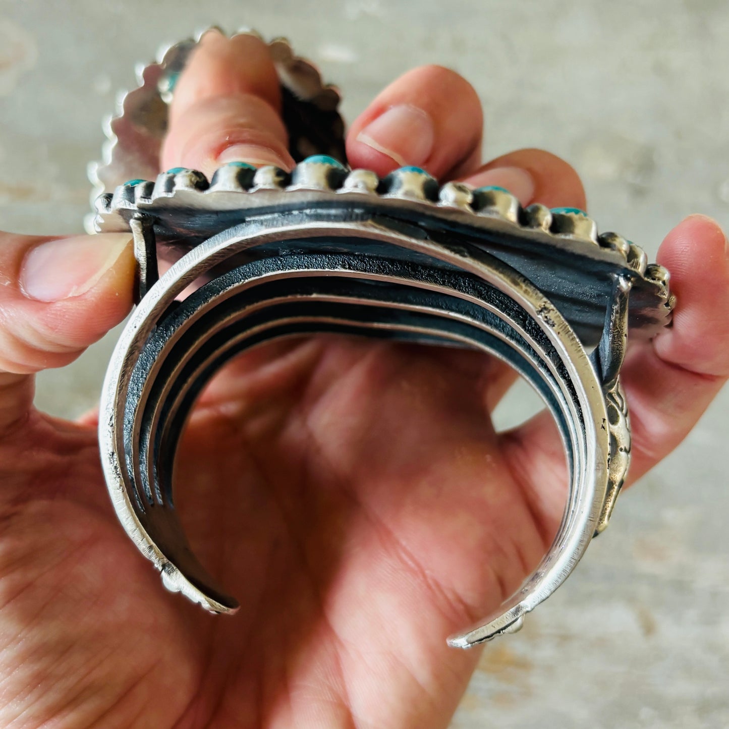 Navajo Kindale Billah Sterling Silver - Ceramic - Moonstone & Kingman Turquoise Cluster Cuff