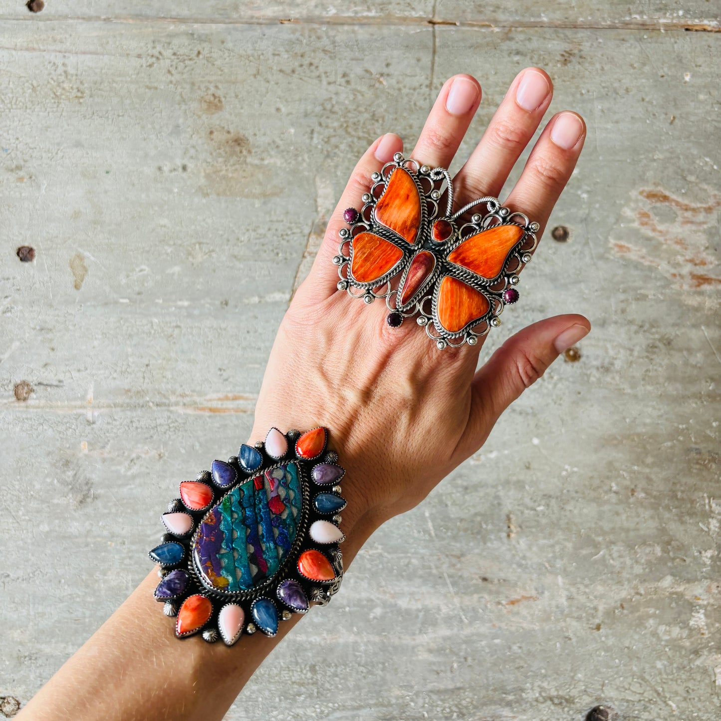 Navajo Hemerson Brown Sterling Silver & Red - Purple Spiny Butterfly Statement Ring