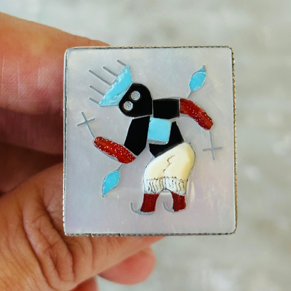 Vintage Zuni Signed Sterling Silver Multi Stone Inlay Crown Dancer Ring