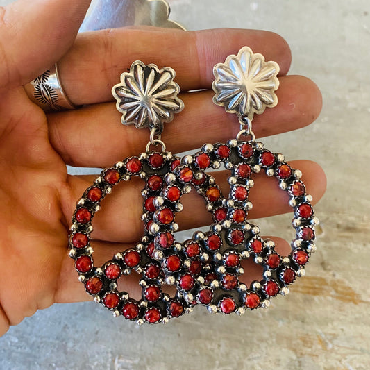 Navajo Lorenzo & Jerilyn Chee Sterling Silver & Red Spiny Oyster Peace Sign Earrings