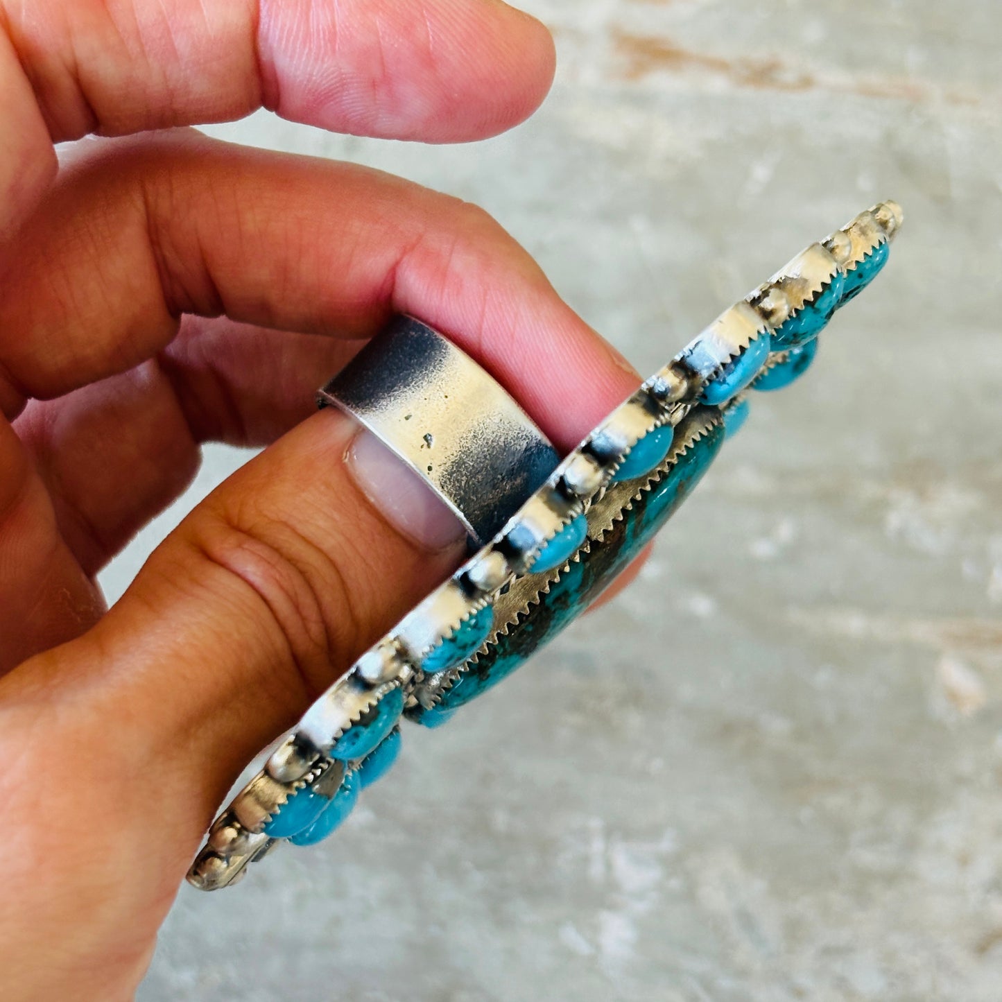 Navajo Kindale Billah Sterling Silver & Kingman Cluster Statement Ring