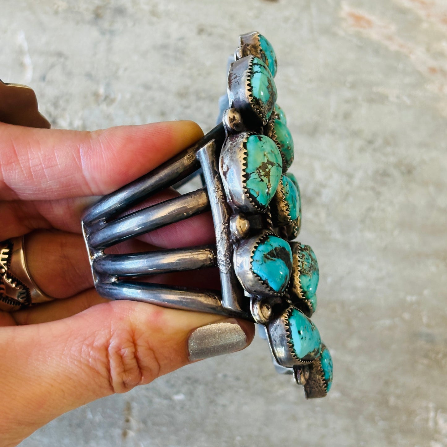 Vintage Navajo Sterling Silver & Morenci Turquoise Cluster Statement Cuff