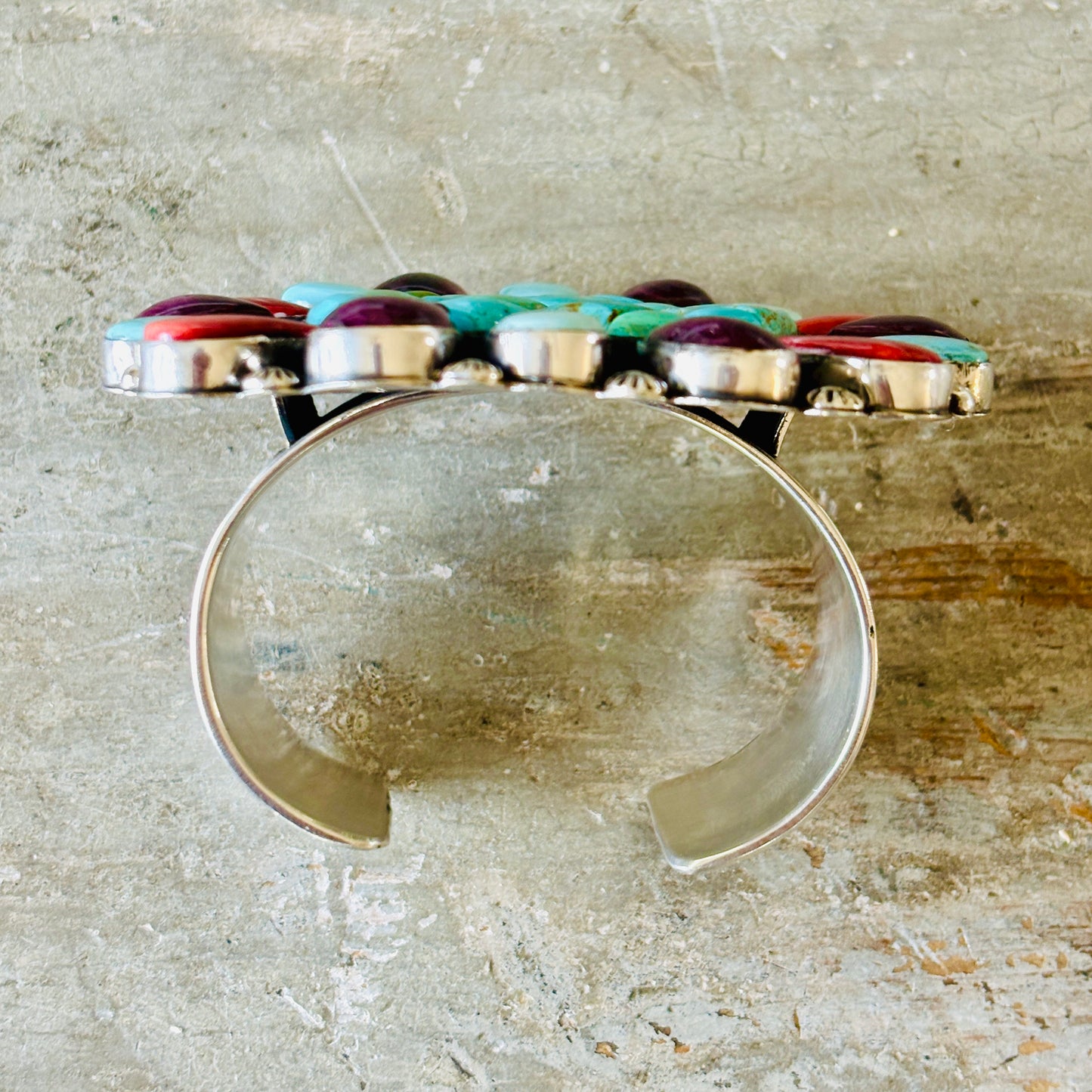 Navajo Hemerson Brown Sterling Silver - Orange - Purple Spiny & Kingman Turquoise Heart Cobblestone Cuff