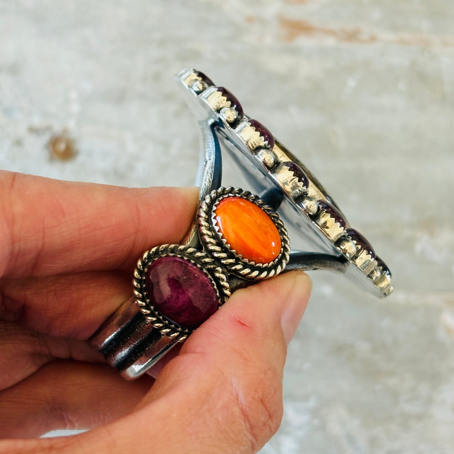 Navajo Hemerson Brown Sterling Silver - Abalone - Purple & Orange Spiny Cluster Cuff