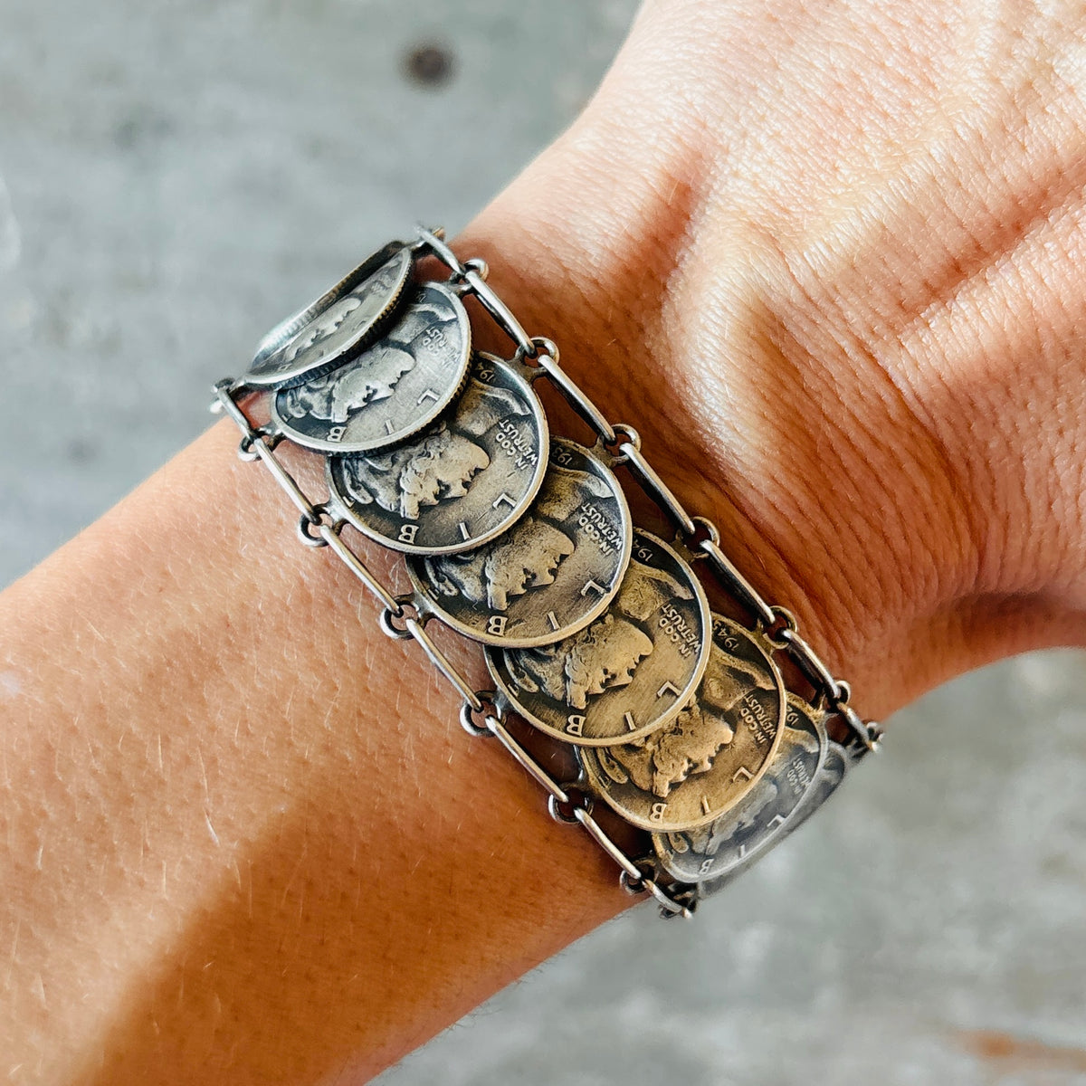 Navajo James McCabe Sterling Silver & Kingman Turquoise Liberty Dimes Panel Bracelet