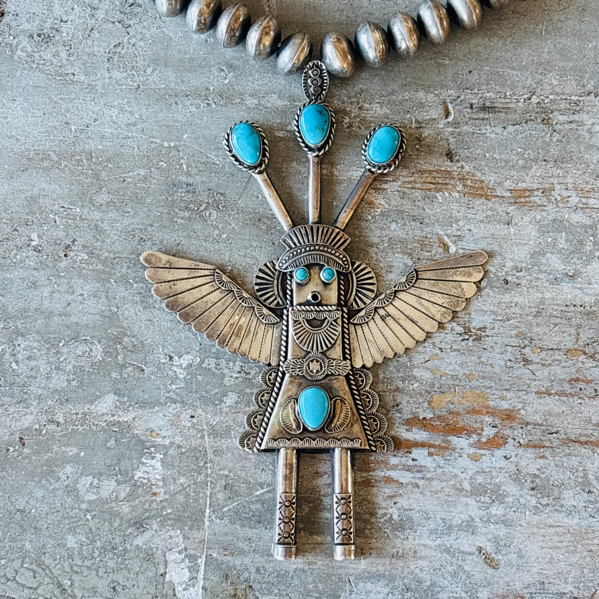 Vintage Navajo Garret Hale Sterling Silver & Kingman Turquoise Handmade Pearls Kachina Necklace