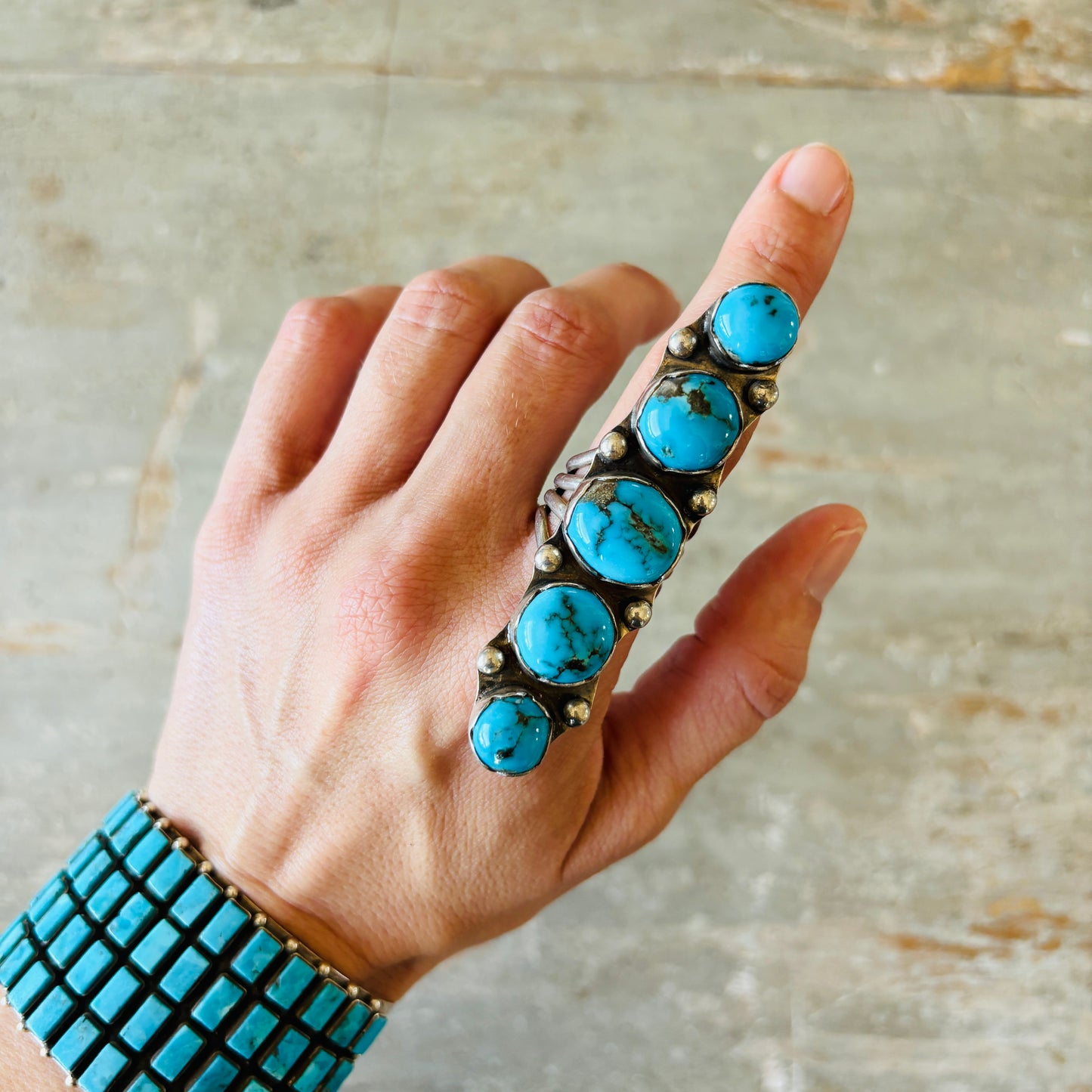 Vintage Navajo Signed Sterling Silver & Kingman Turquoise Five Stone Crawler Ring
