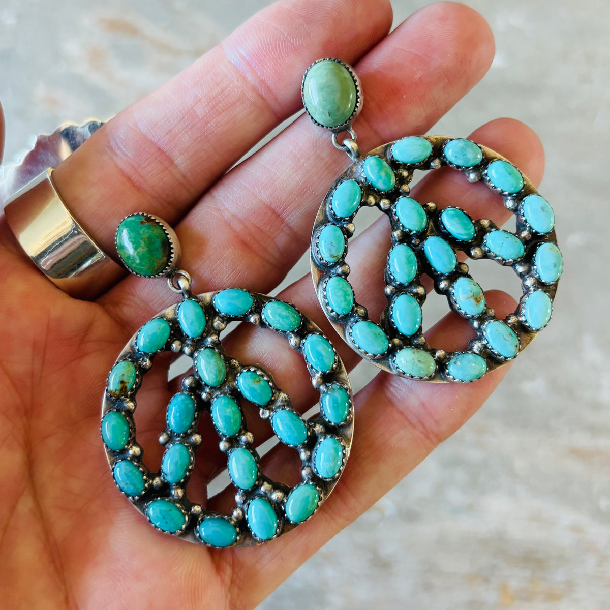 Navajo Nora Whitegoat Sterling Silver & Kingman Turquoise Peace Sign Earrings