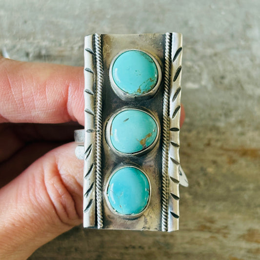 Navajo Signed Sterling Silver & Lone Mountain Turquoise Three Stone Ring