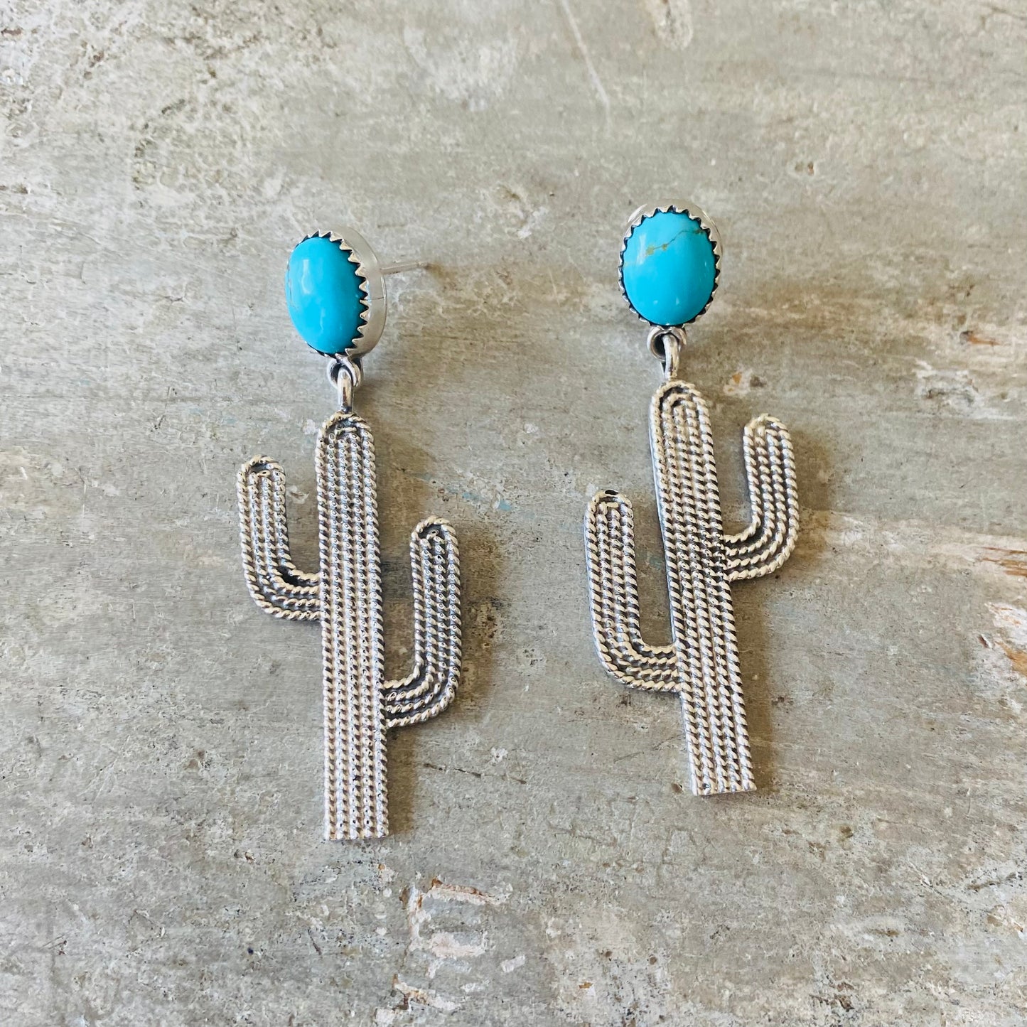 Navajo Signed Sterling Silver & Turquoise Cactus Earrings