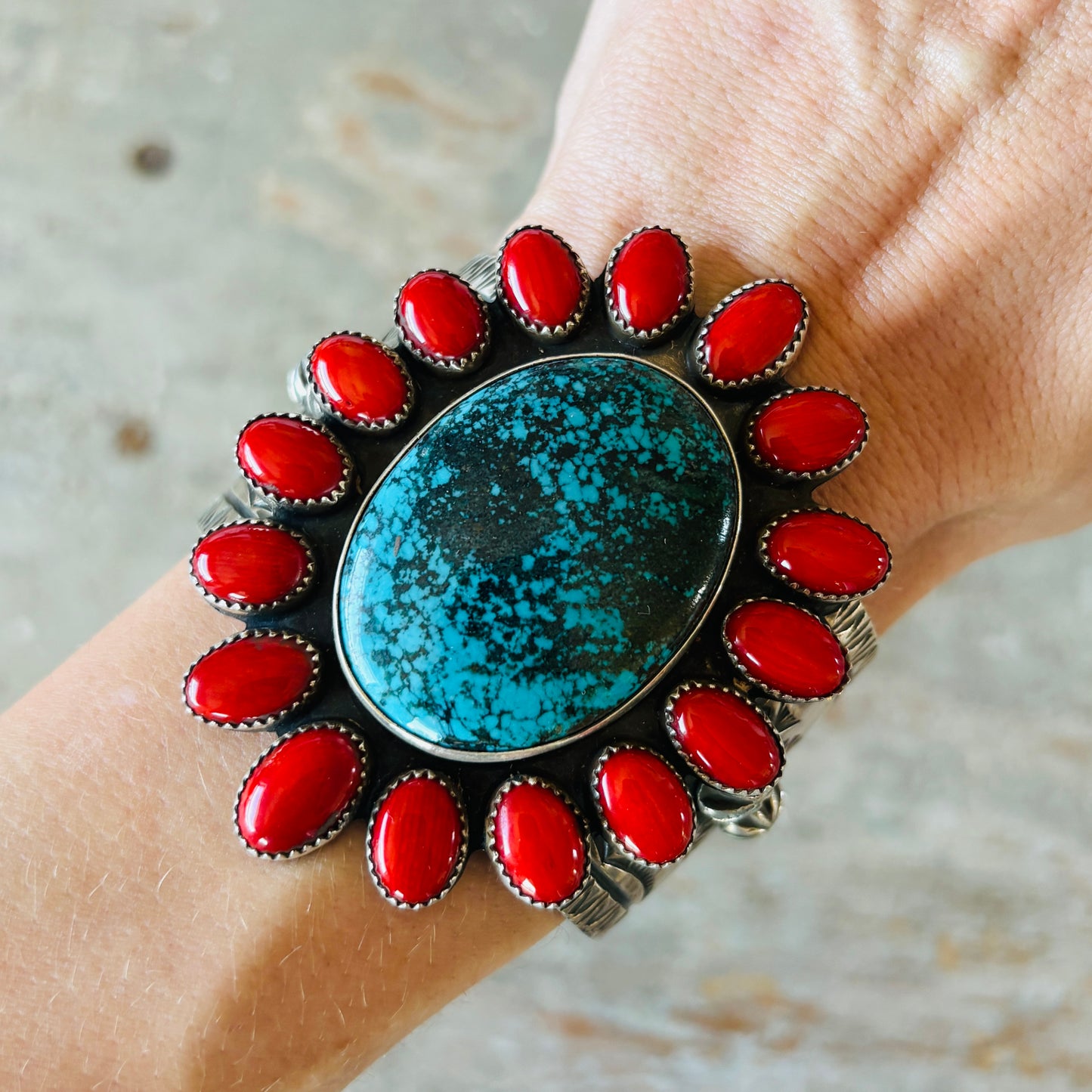 Navajo Edmund Piasso Sterling Silver - Red Coral & Kingman Turquoise Cluster Statement Cuff