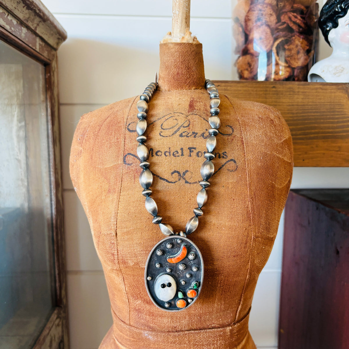 Navajo Readda Begay Sterling Silver - Mother of Pearl - Orange Spiny Oyster & Black Onyx Ghost Pendant