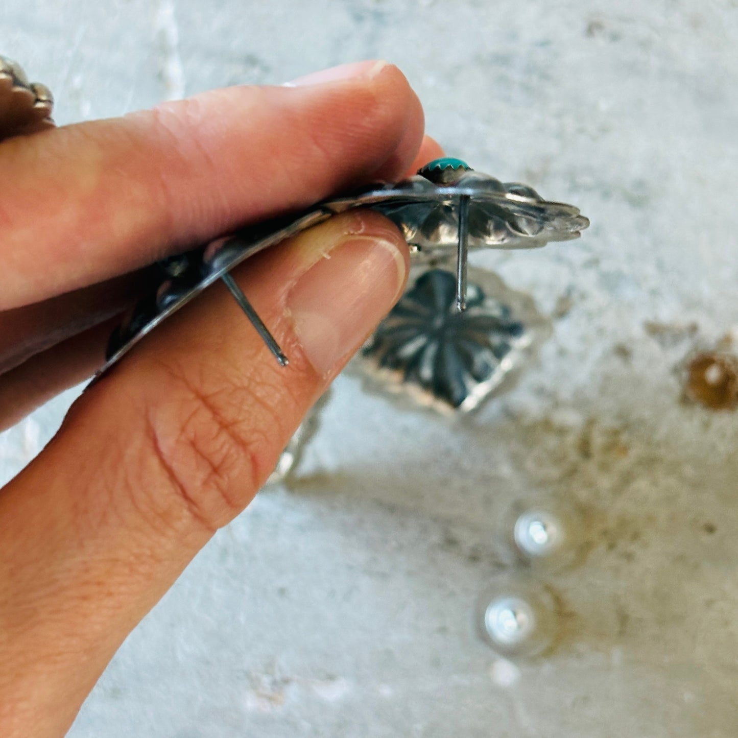 Navajo Rita Lee Sterling Silver & Kingman Turquoise Concho Earrings