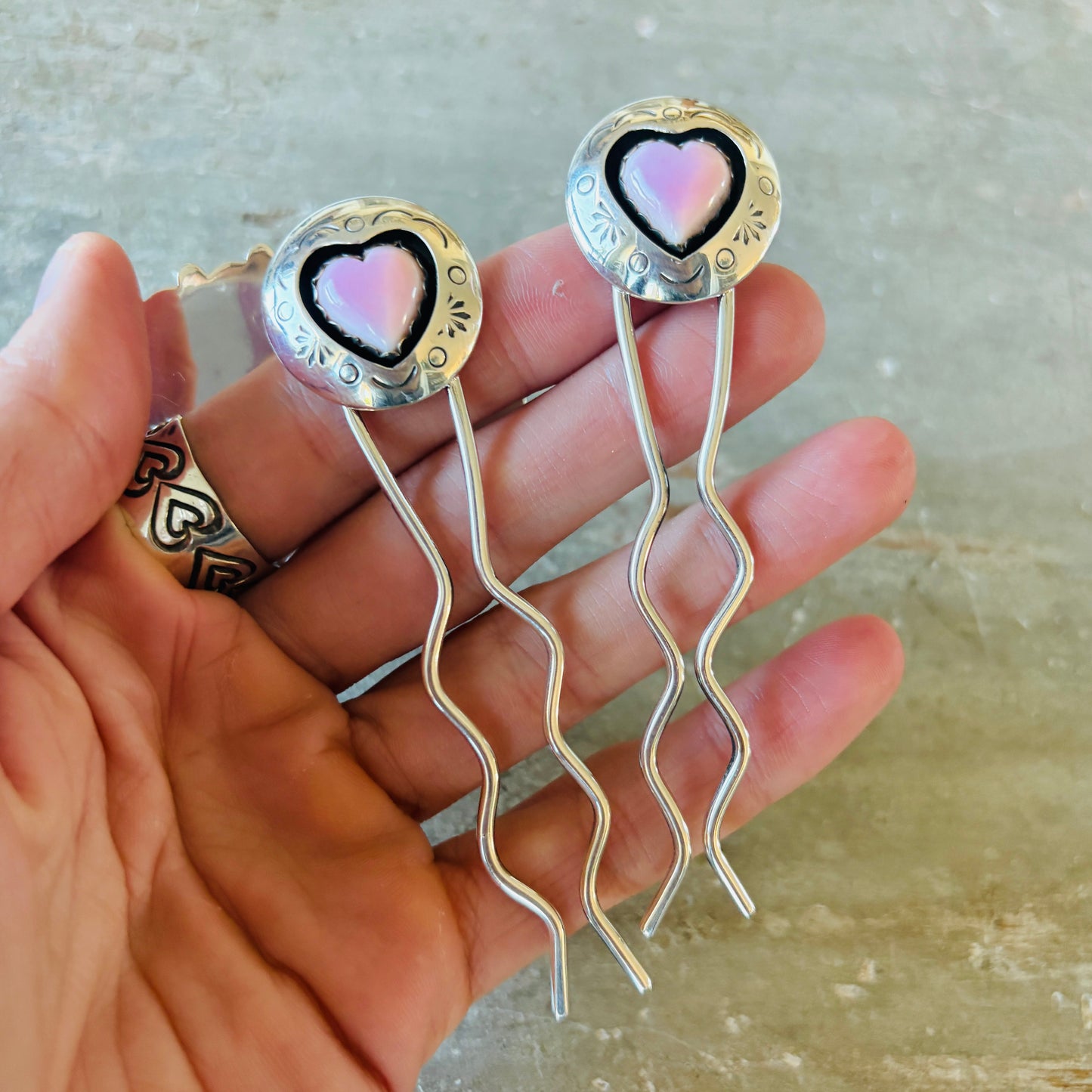 Navajo Lyanne Goodluck Sterling Silver & Pink Conch Shadowbox Heart Hair Pins