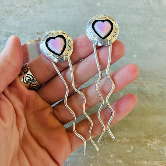 Navajo Lyanne Goodluck Sterling Silver & Pink Conch Shadowbox Heart Hair Pins