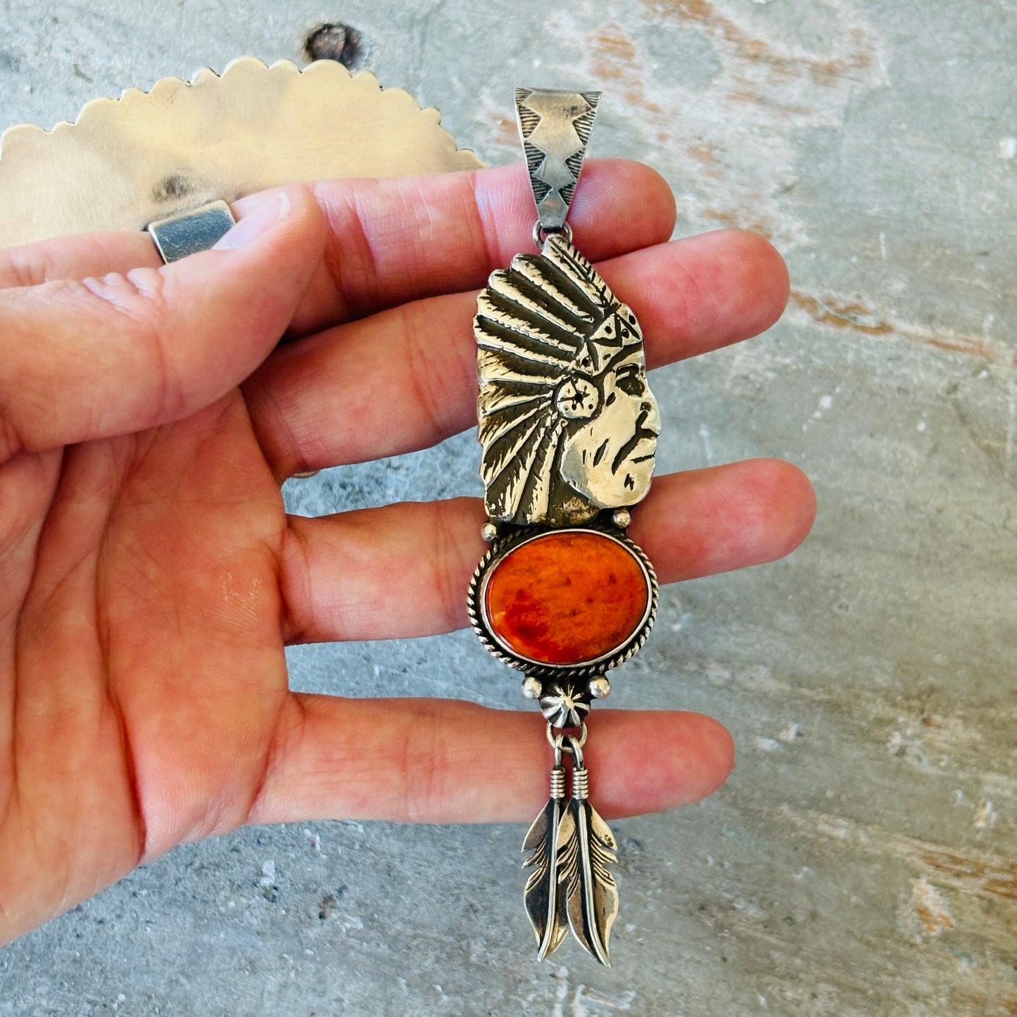 Navajo Edmund Piasso Sterling Silver & Red Spiny Oyster Chief Feathers Pendant