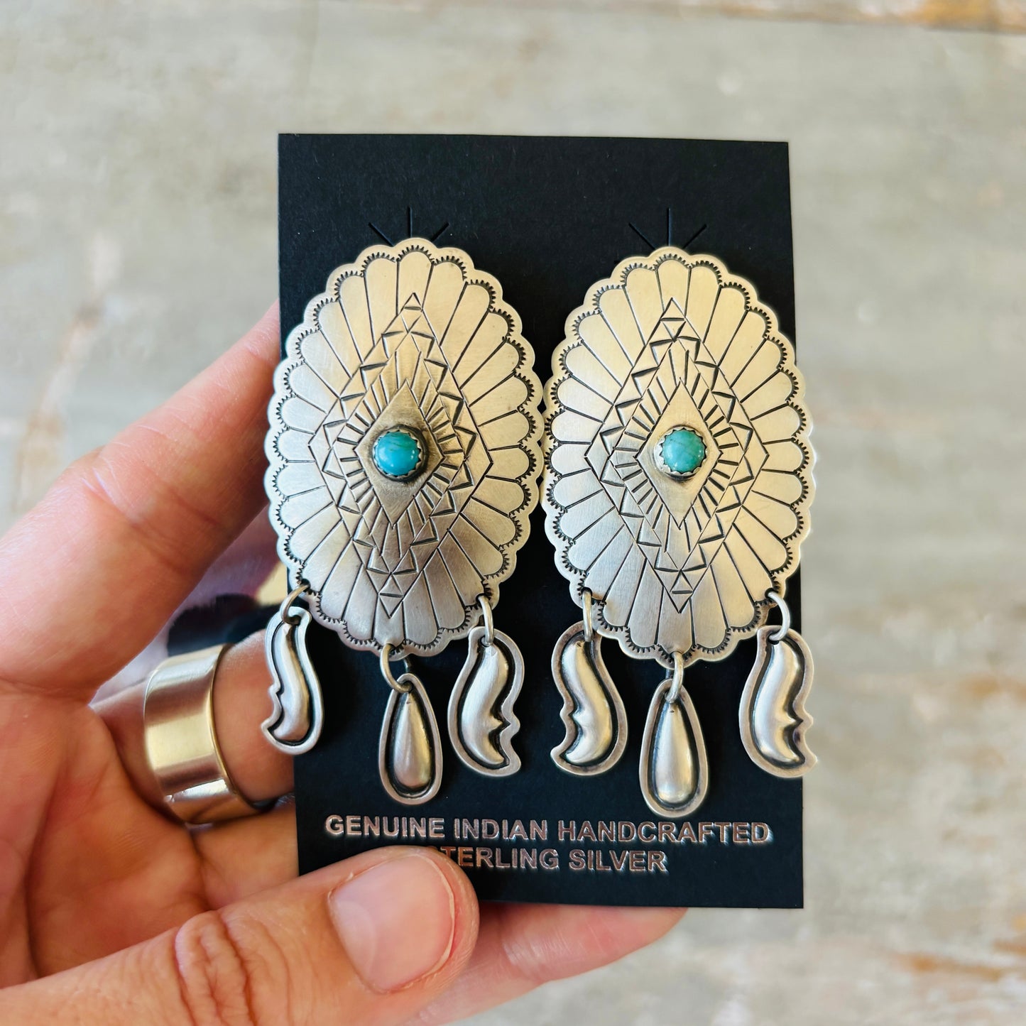 Navajo Shannon Tahe Sterling Silver & Kingman Turquoise Concho Earrings