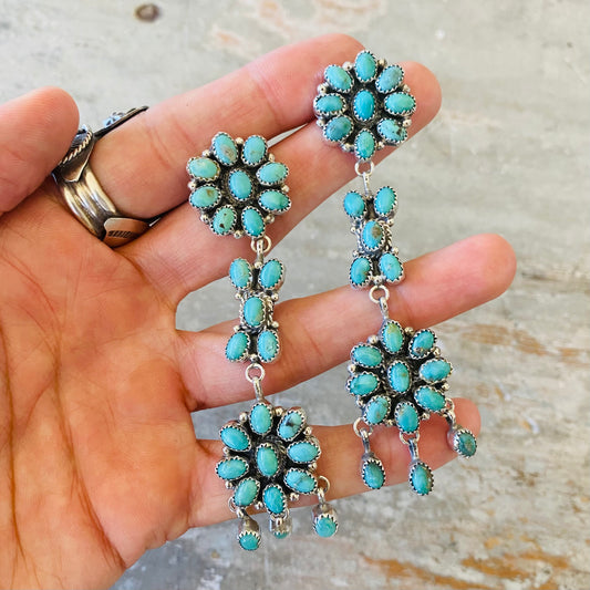 Navajo Pearlene Spencer Sterling Silver & Kingman Turquoise Cluster Earrings