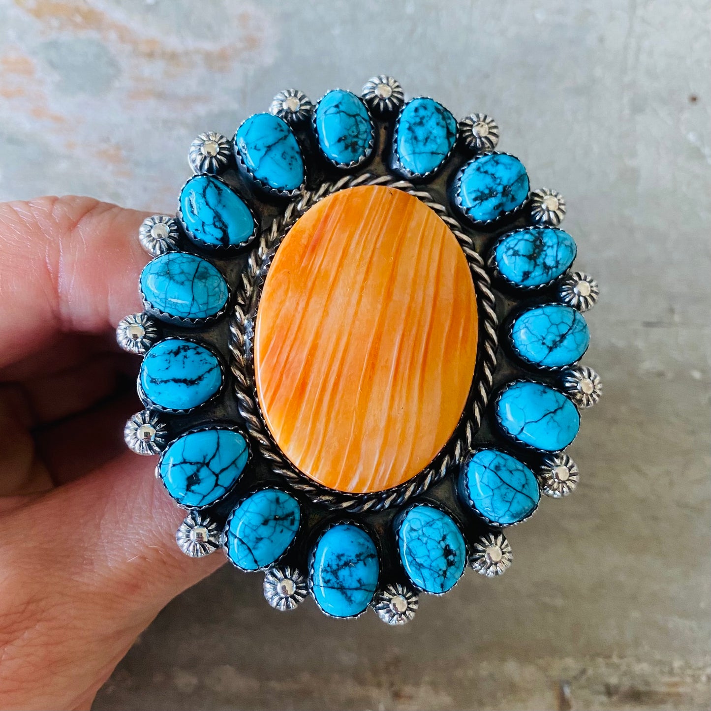 Navajo Lorenzo Jerilyn Chee Sterling Silver - Orange Spiny & Kingman Turquoise Cluster Ring