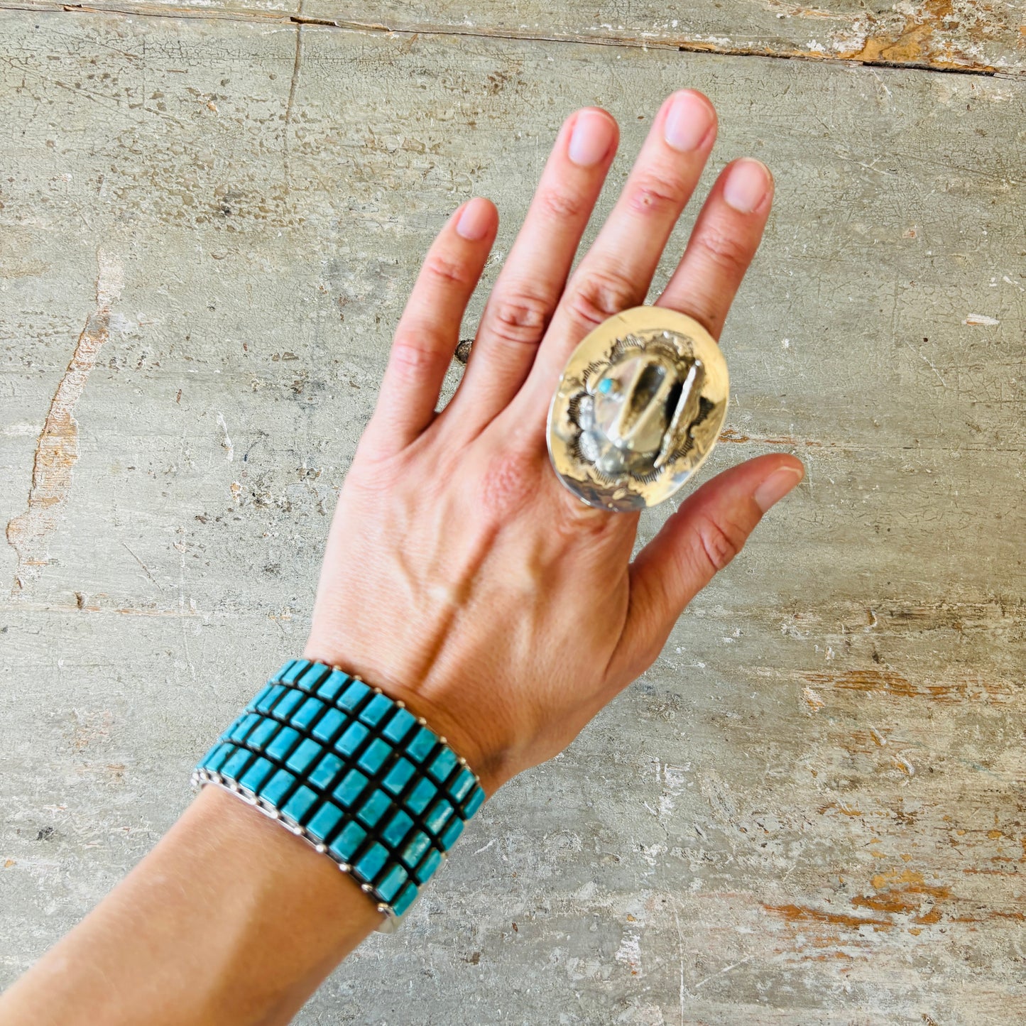 Navajo Robbie Manuelito Sterling Silver & Kingman Turquoise Cowboy Hat Ring