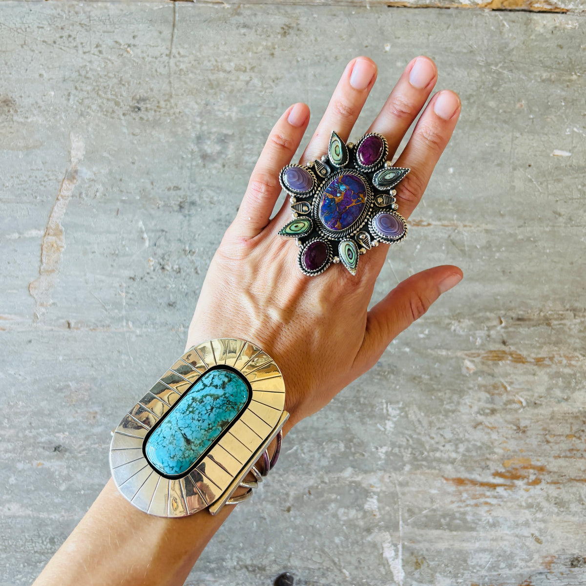 Navajo Hemerson Brown Sterling Silver Multi Stone Cluster Statement Ring