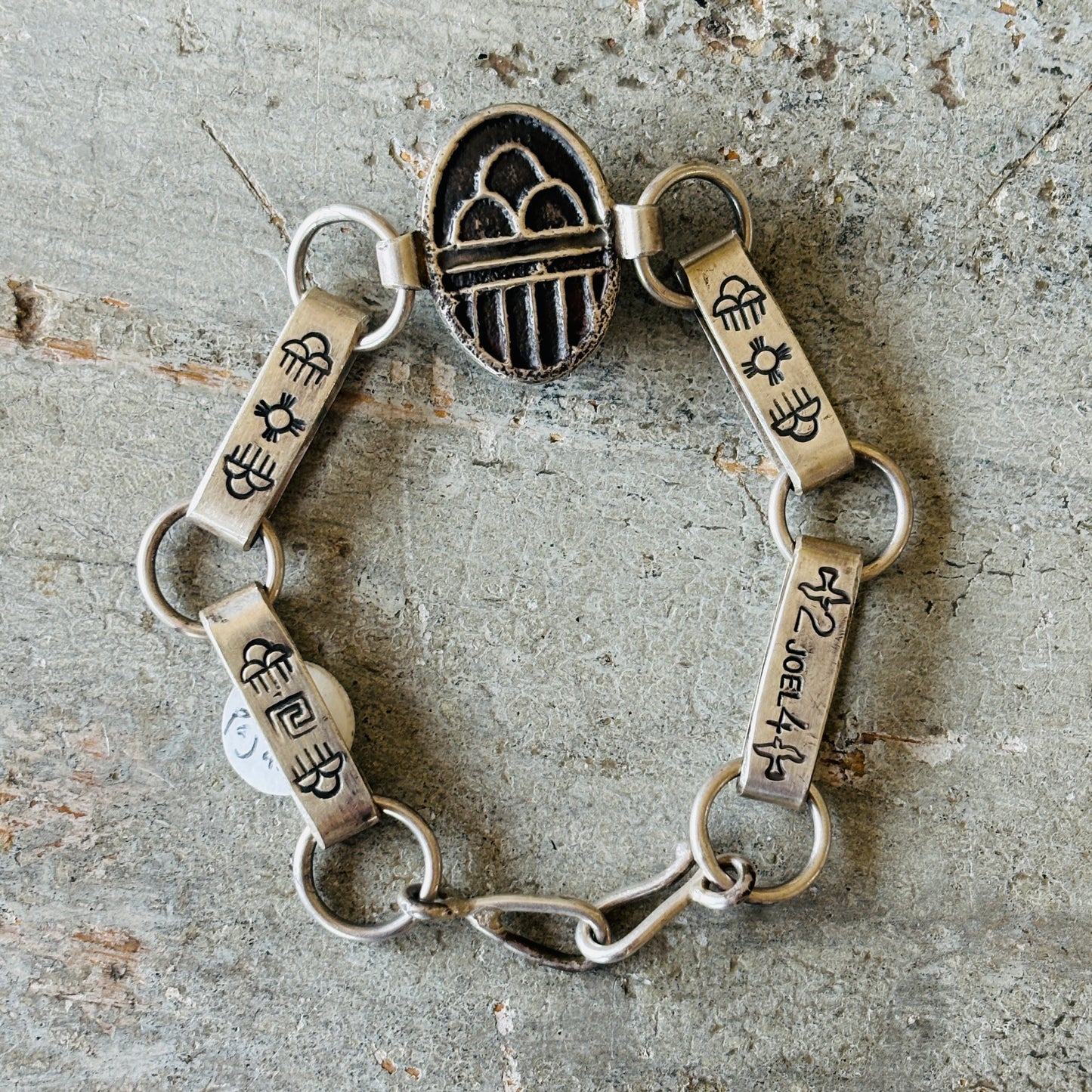 Navajo Joel Pajarito Sterling Silver & Malachite Link Reversible Bracelet