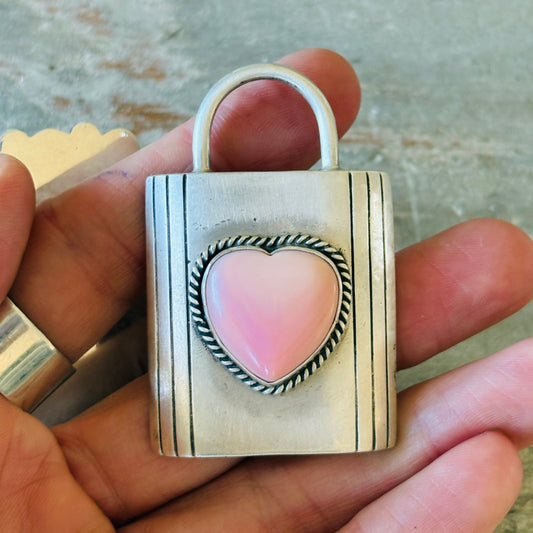 Navajo Charley Johnson Sterling Silver & Pink Conch Heart Lock Pendant