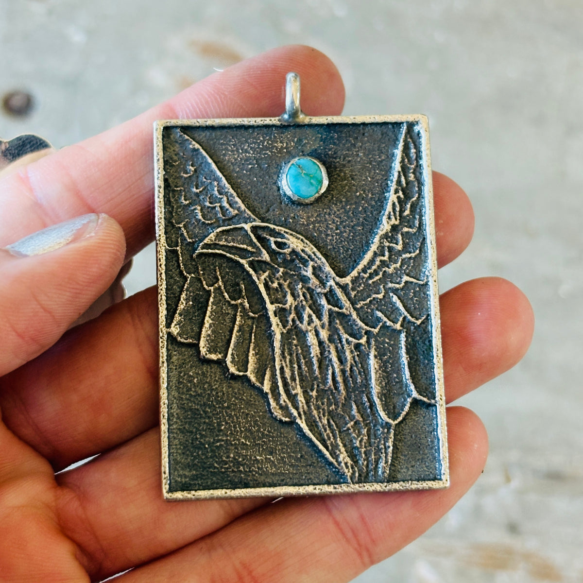 Navajo Monty Claw Sterling Silver & Kingman Turquoise Tufa Cast Eagle Pendant