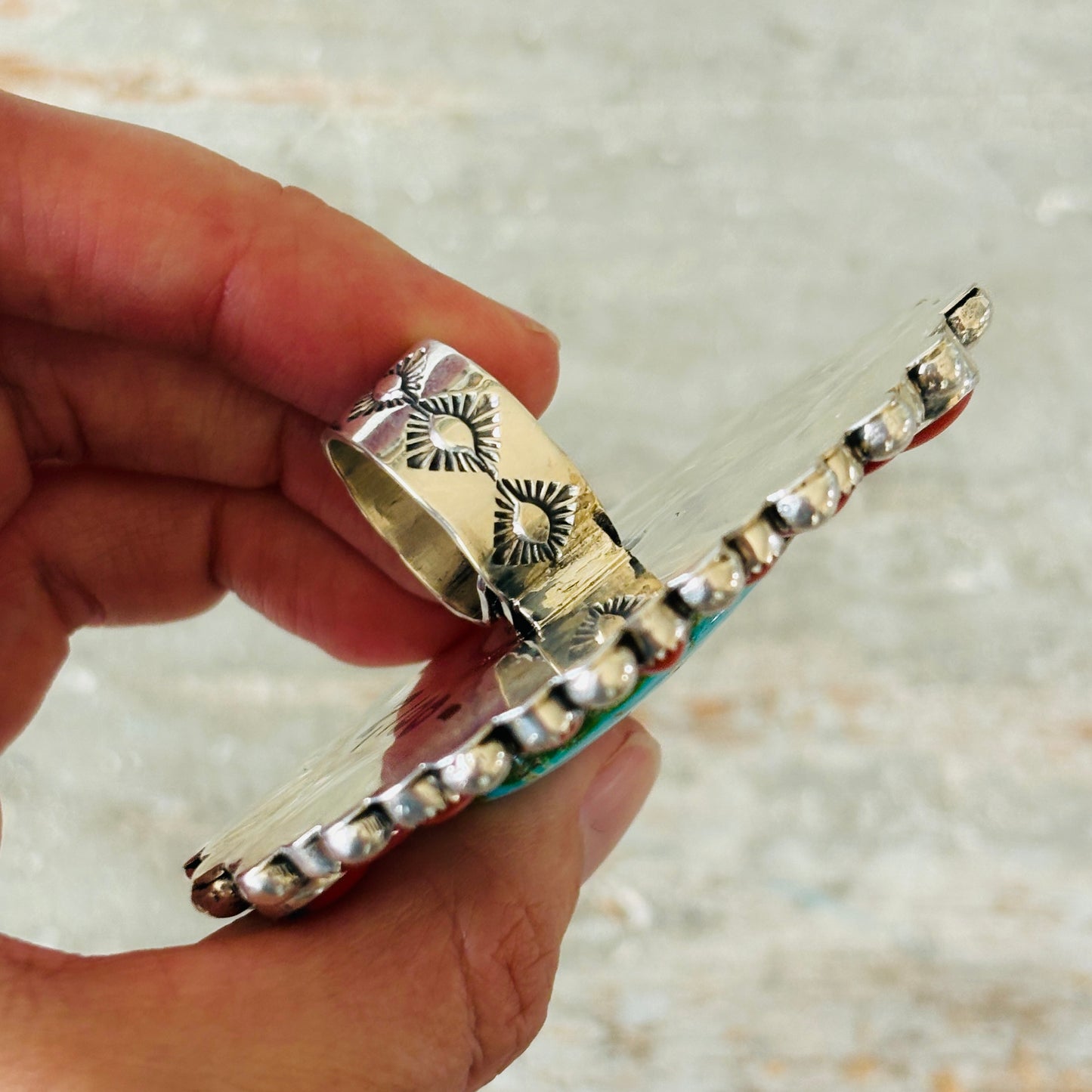 Navajo Hemerson Brown Sterling Silver - Sonoran Turquoise & Mediterranean Red Coral Cluster Statement Ring