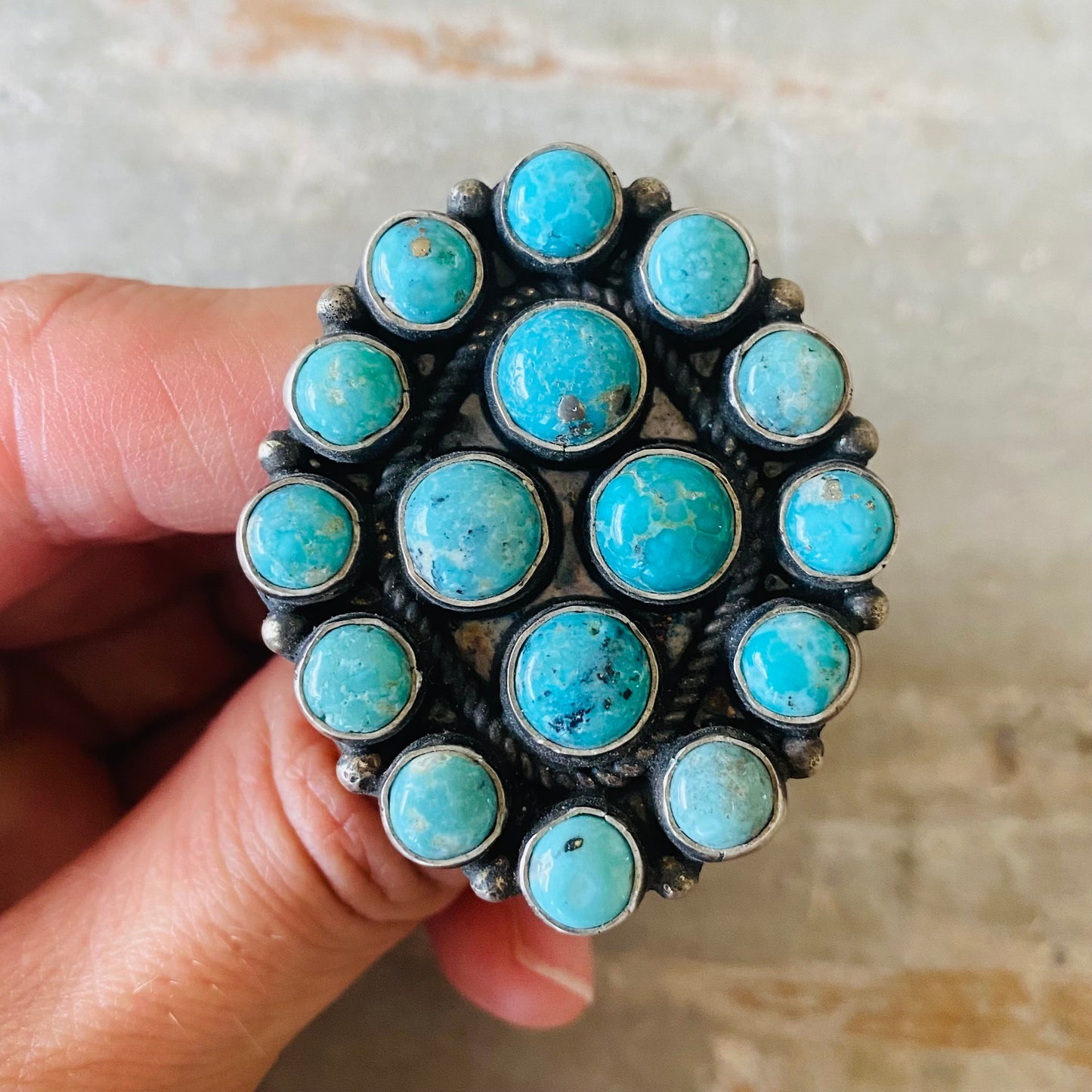 Navajo Daniel Benally Sterling Silver & Kingman Turquoise Cluster Ring