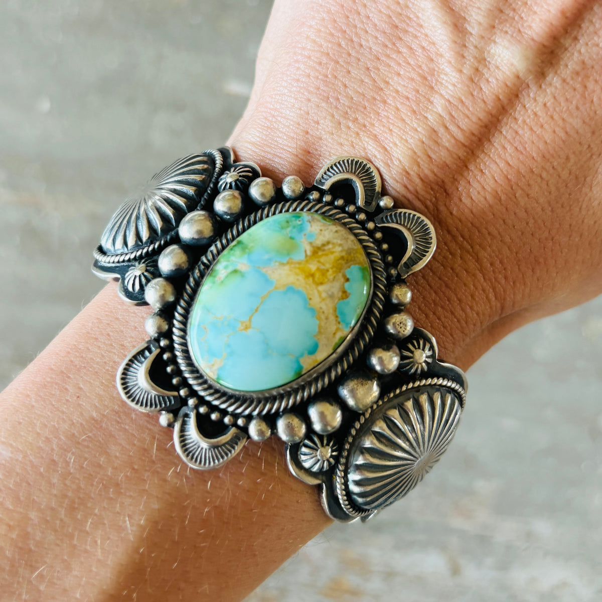 Navajo Hemerson Brown Sterling Silver & Royston Turquoise Statement Cuff
