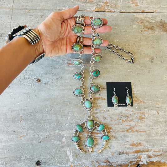 Navajo June Defauito Sterling Silver & Green Kingman Turquoise Squash Blossom Necklace & Earrings Set