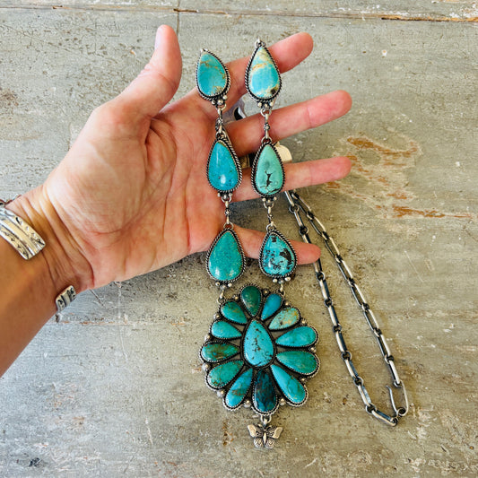 Navajo Brenda Jimenez Sterling Silver & Kingman Turquoise Cluster Statement Lariat