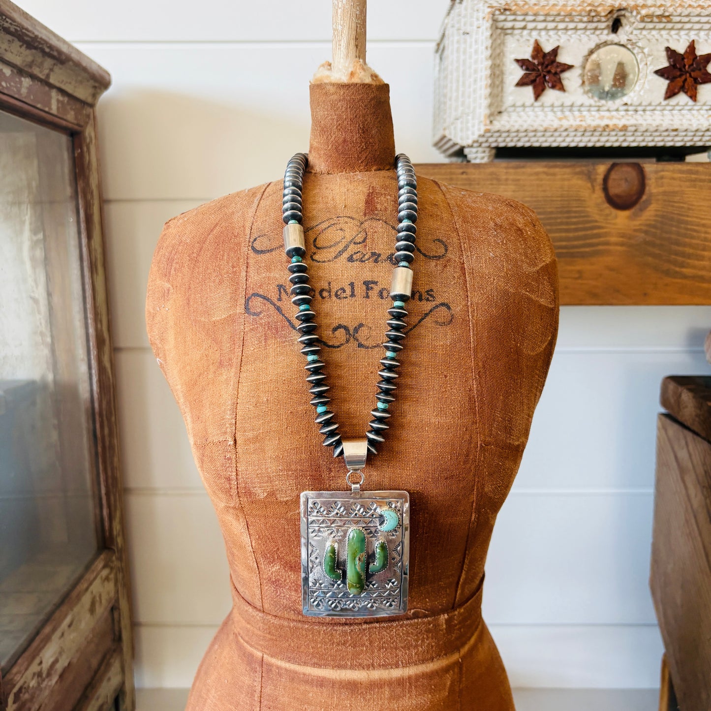 Navajo Hemerson Brown Sterling Silver & Kingman Turquoise Cactus Pendant