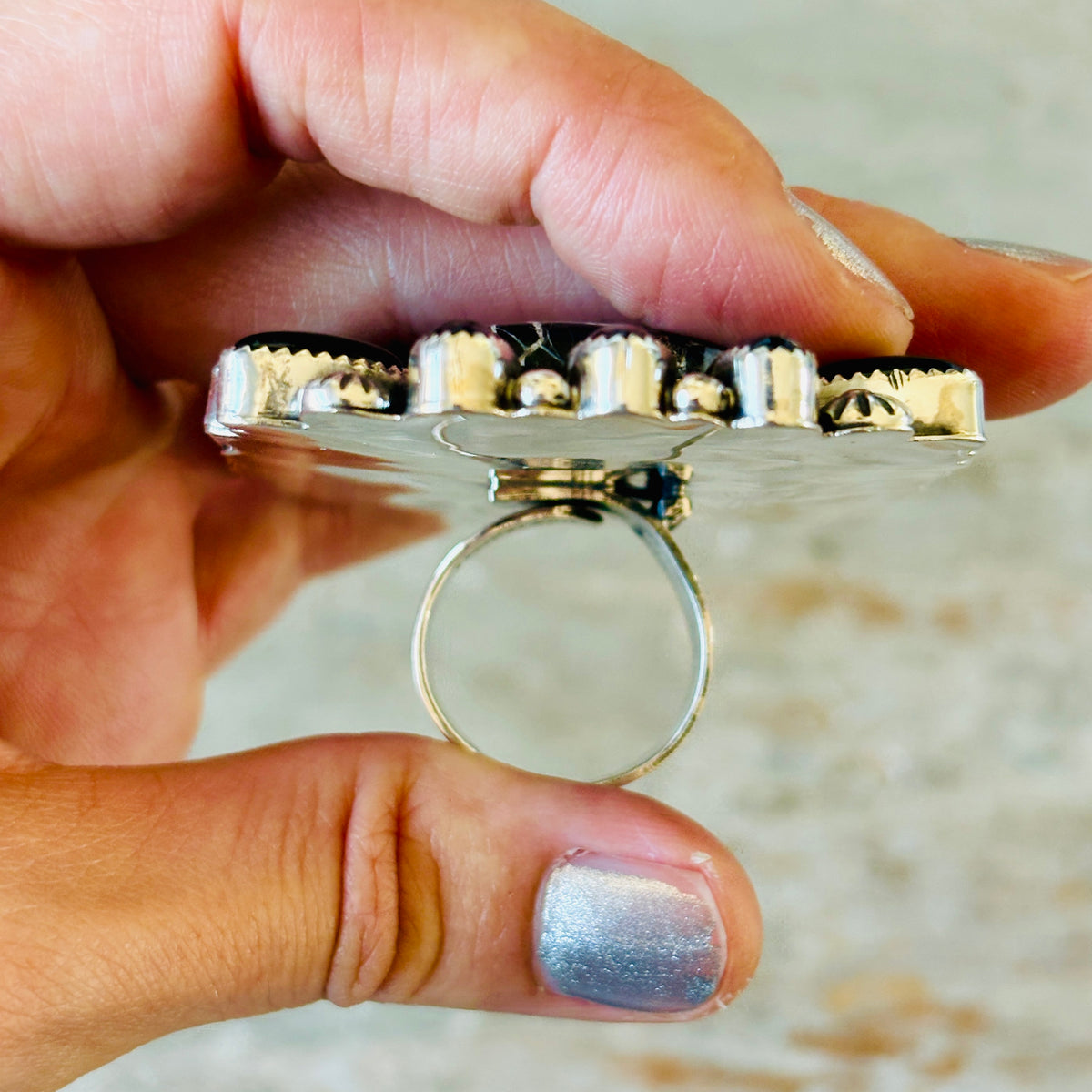 Navajo Hemerson Brown Sterling Silver & White Buffalo Cluster Statement Ring