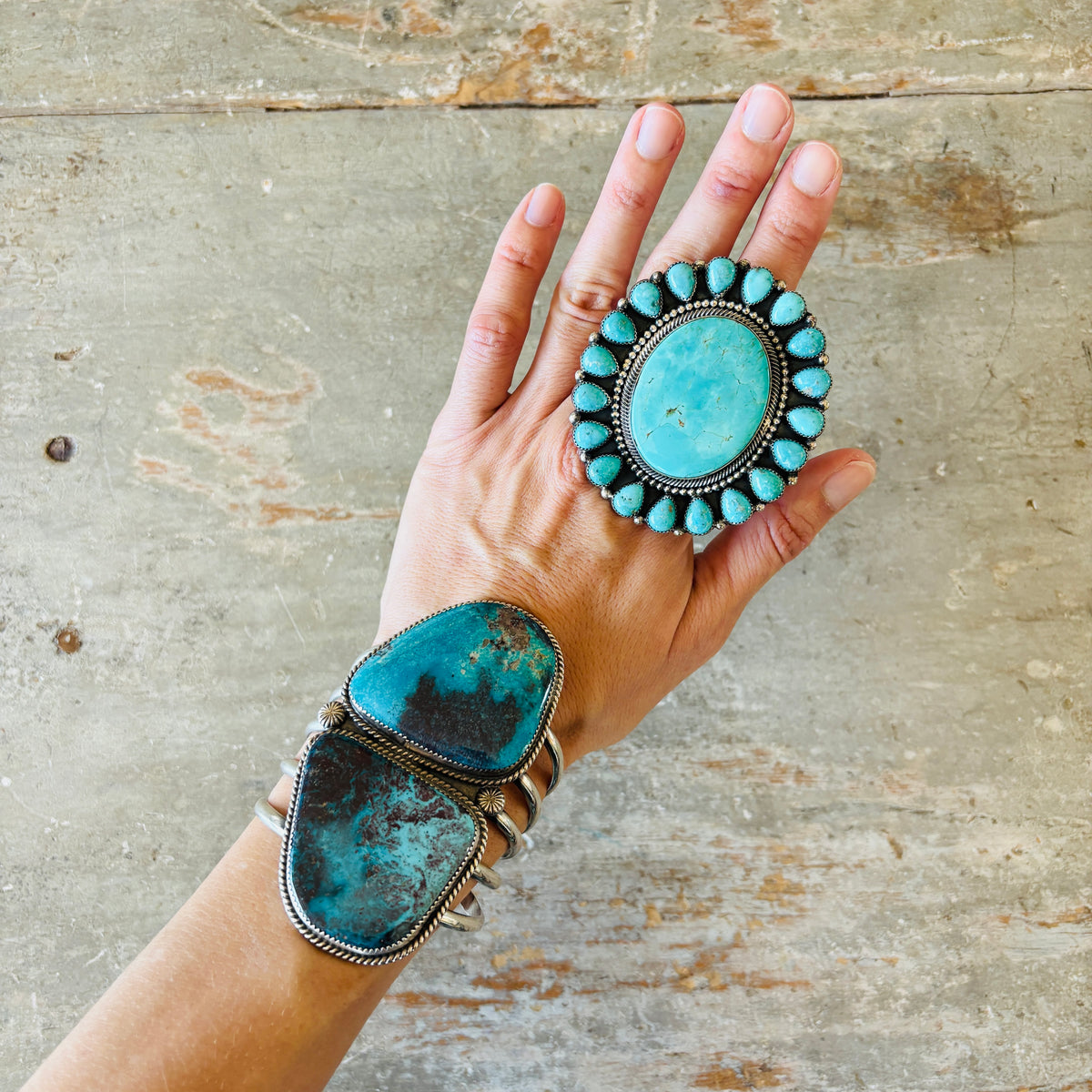 Navajo Hemerson Brown Sterling Silver & Sonoran Turquoise Cluster Statement Ring