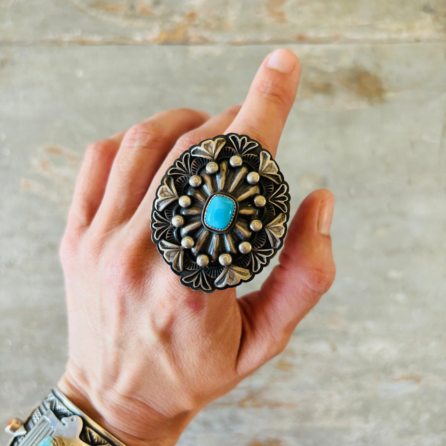 Navajo Derrick Cadman Sterling Silver & Kingman Turquoise Statement Ring