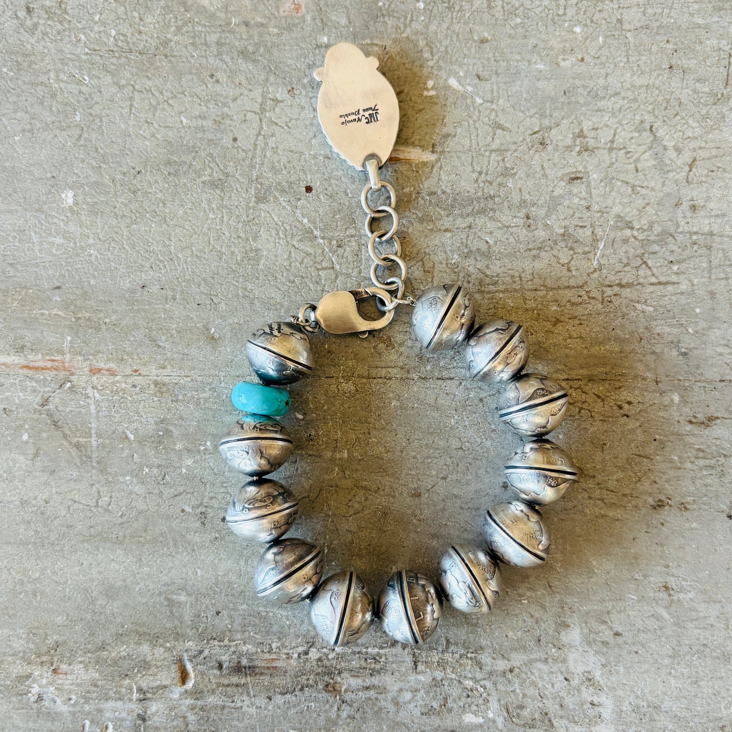 Navajo James McCabe Sterling Silver - Royston & Kingman Turquoise Liberty Dimes Beads Bracelet