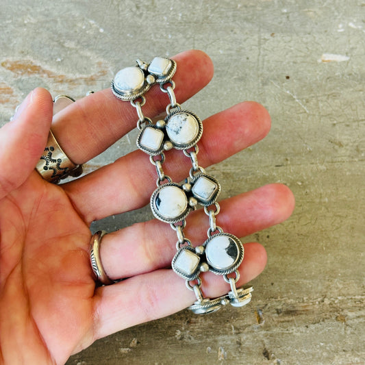 Navajo Kathleen Livingston Sterling Silver & White Buffalo Double Row Bracelet