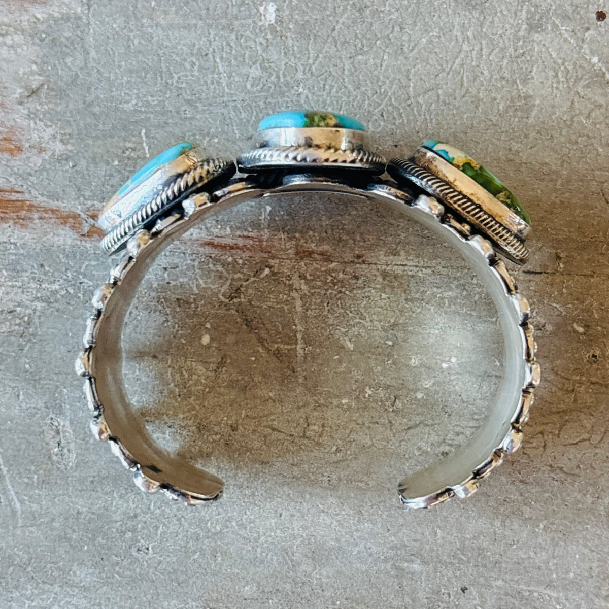 Navajo Hemerson Brown Sterling Silver & Sonoran Turquoise Three Stone Statement Cuff